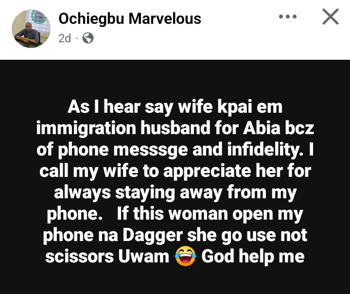 If this woman opens my phone, she will use dagger to st@b me – Nigerian man appreciates wife for staying away from his phone