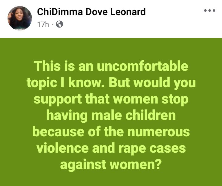 Nigerian lady suggests women should stop having male children due to high rate of gender-based violence