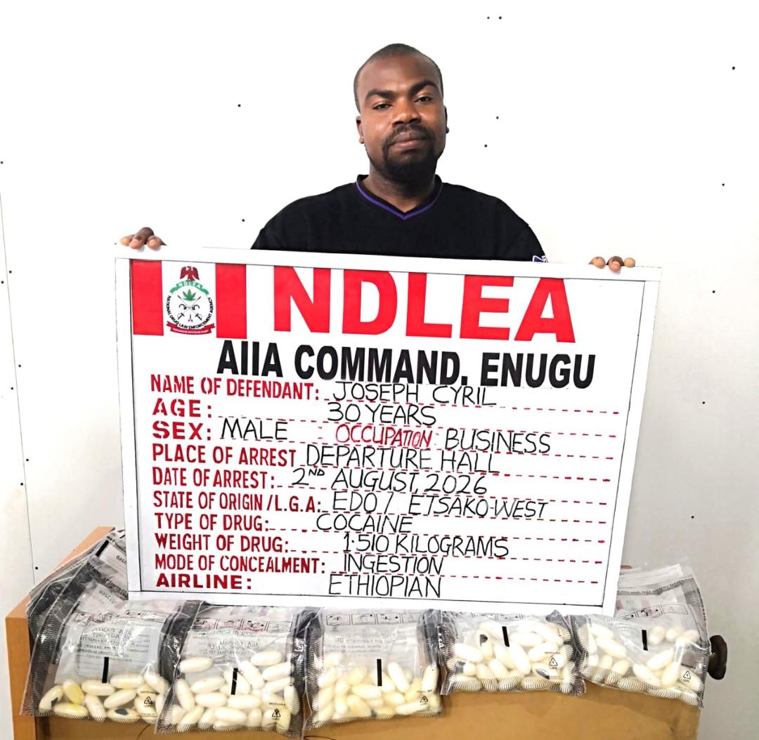 Italy-based bizman arrested at Enugu airport, excretes 98 wraps of cocaine