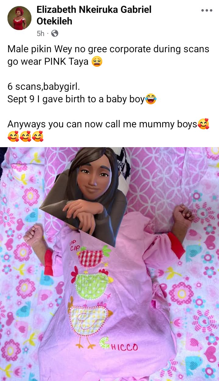 Nigerian woman says she will keep dressing her newborn son in pink clothes after multiple scans incorrectly predicted a baby girl