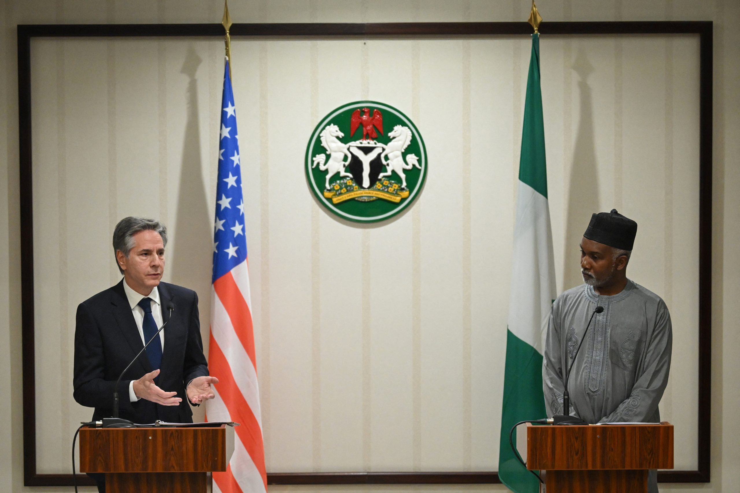 U.S. Secretary of State Antony Blinken attends a press conference with Minister of Foreign Affairs of Nigeria Yusuf Tuggar at the Presidential Villa in Abuja, Nigeria, January 23, 2024.     Andrew Caballero-Reynolds/Pool via REUTERS
