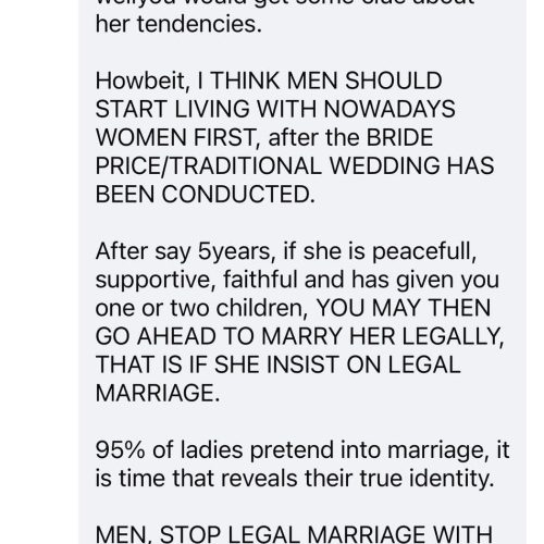 Don’t marry a woman legally until you’ve lived with her for 5 years and she has given you children – Nigerian man advises men