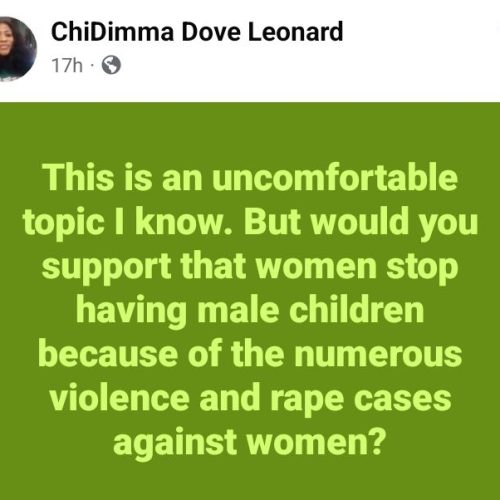 Nigerian lady suggests women should stop having male children due to high rate of gender-based violence