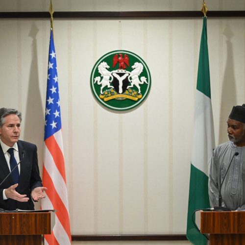 U.S. Secretary of State Antony Blinken attends a press conference with Minister of Foreign Affairs of Nigeria Yusuf Tuggar at the Presidential Villa in Abuja, Nigeria, January 23, 2024.     Andrew Caballero-Reynolds/Pool via REUTERS