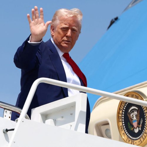 U.S. President Donald Trump boards Air Force One as he departs for Michigan to attend a rally to celebrate his first 100 days in office, at Joint Base Andrews in Maryland, U.S., April 29, 2025. REUTERS/Evelyn Hockstein