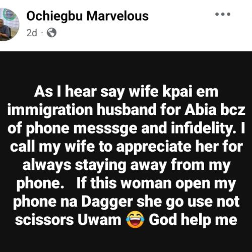 If this woman opens my phone, she will use dagger to st@b me – Nigerian man appreciates wife for staying away from his phone