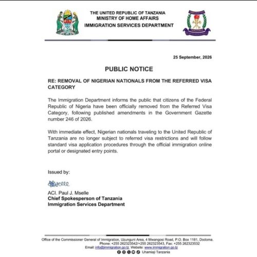 Tanzania removes Nigeria from referred visa category, eases visa process