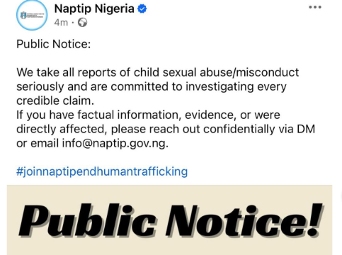 NAPTIP launches investigation into alleged cases of sexu@l ass@ult in daycare centers hours after a X user made wide claims about his time at singer Simi’s mother’s daycare
