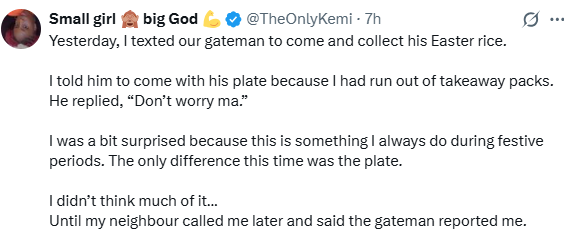 Did I do something wrong? – X user asks after her gateman got offended that she asked him to bring his plate for Easter rice